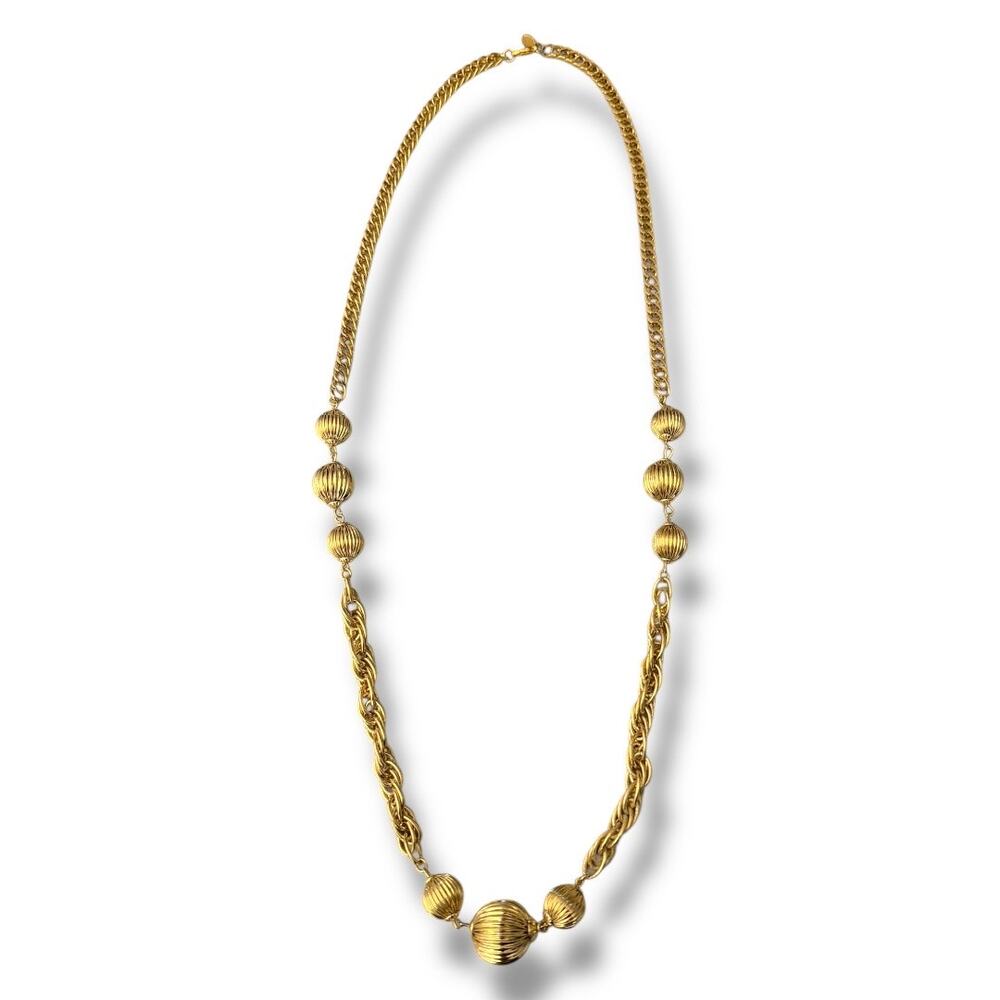 NLH Gold Tone Ribbed Bead Station Rope Chain Necklace 34” Long Statement Vintage